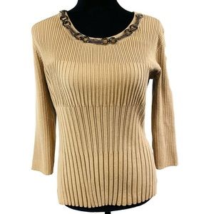 Stretchy Taupe 3/4 Sleeve Sweater with Metal Neck
